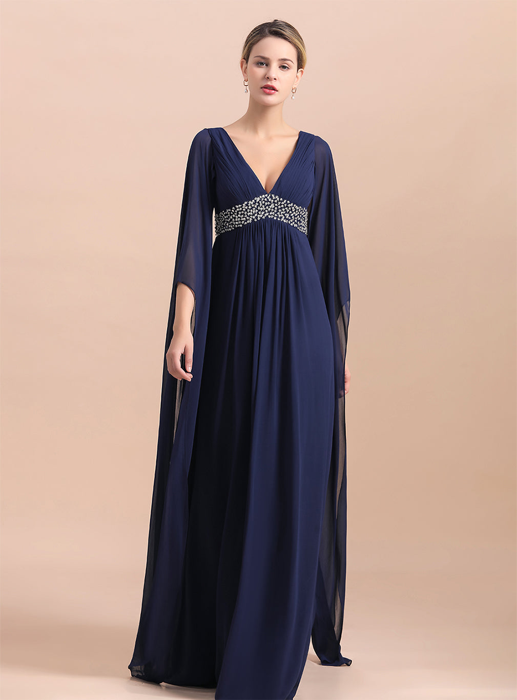 Deep V-Neck Long Sleeves Chiffon Floor-Length Dress BMbride