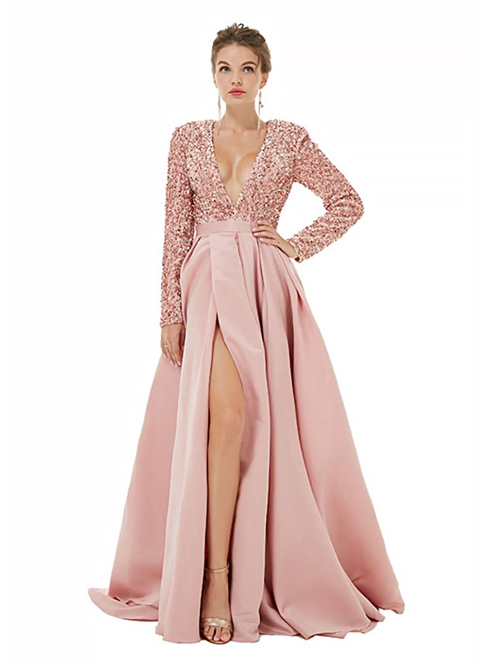 Deep V-Neck Long Sleeves Slit Floor-Length Dress BMbride