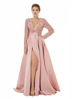 Deep V-Neck Long Sleeves Slit Floor-Length Dress BMbride