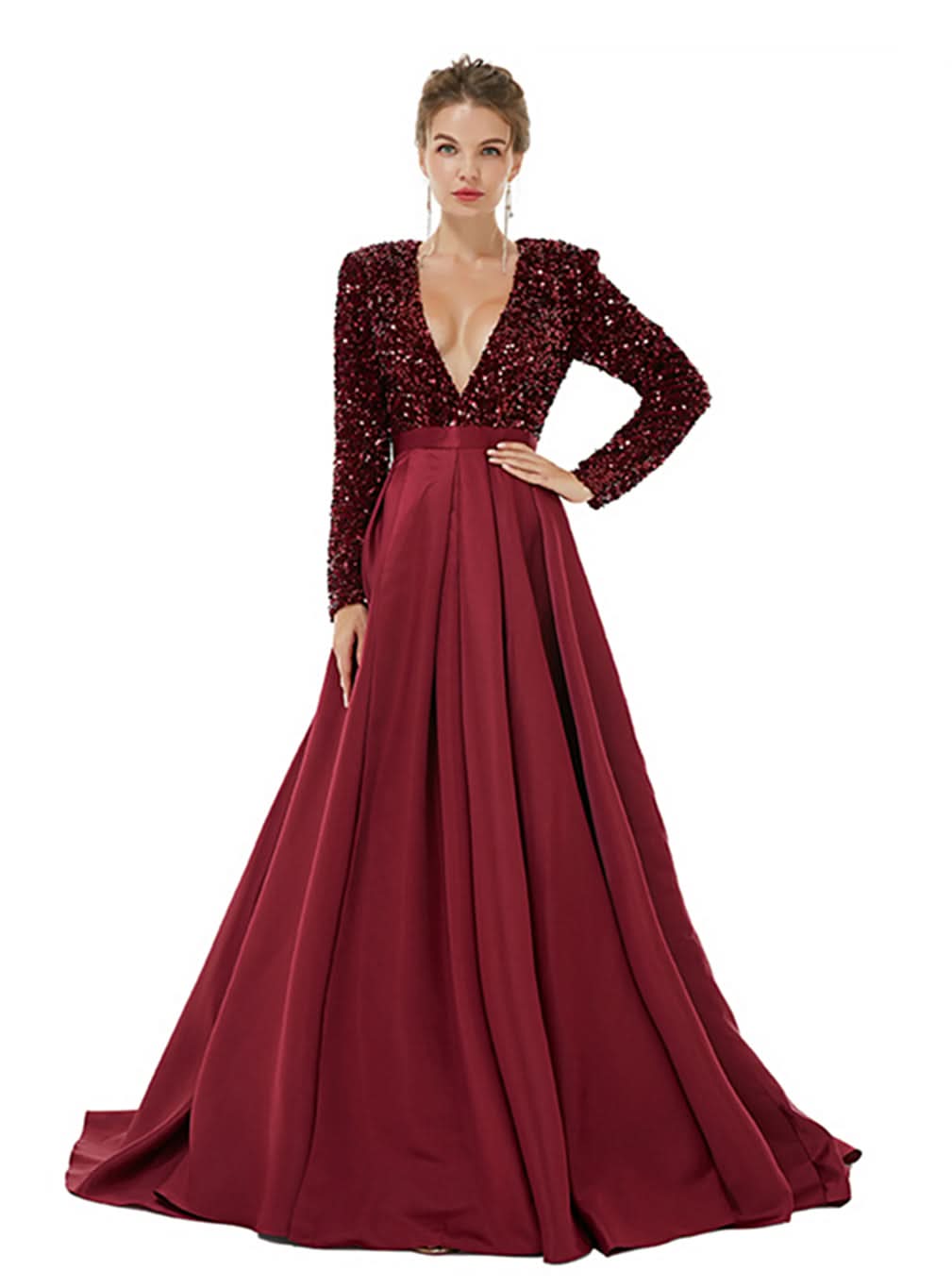 Deep V-Neck Long Sleeves Slit Floor-Length Dress BMbride