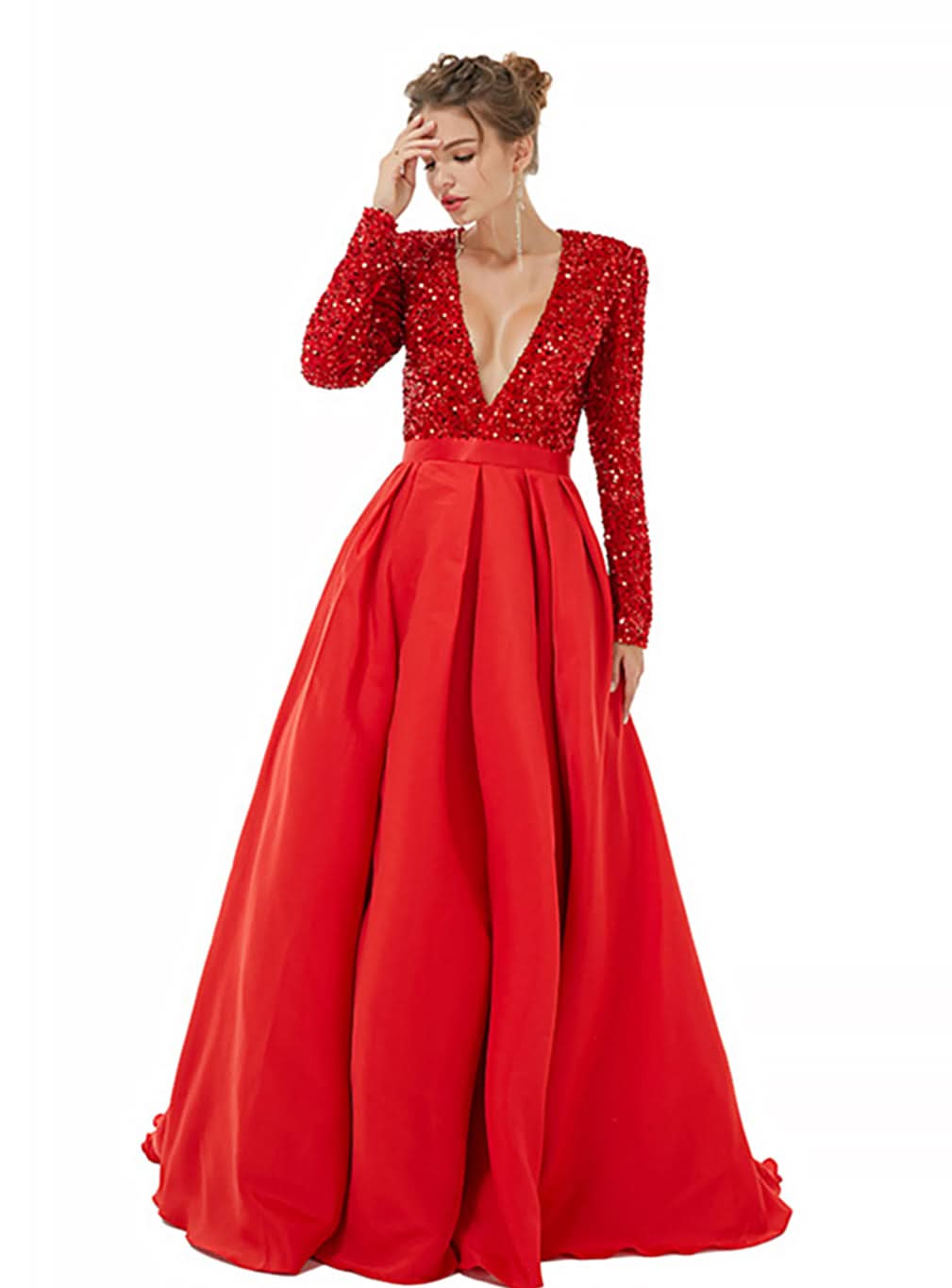 Deep V-Neck Long Sleeves Slit Floor-Length Dress BMbride