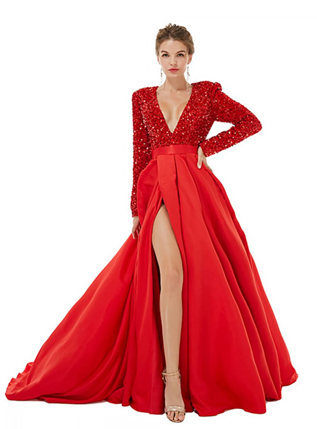 Deep V-Neck Long Sleeves Slit Floor-Length Dress BMbride