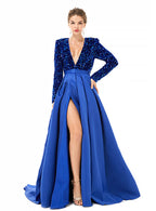 Deep V-Neck Long Sleeves Slit Floor-Length Dress BMbride