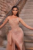 Dusty Pink One Shoulder Ruffle Beadings Mermaid Prom Dress with Split and Tulle BM bride