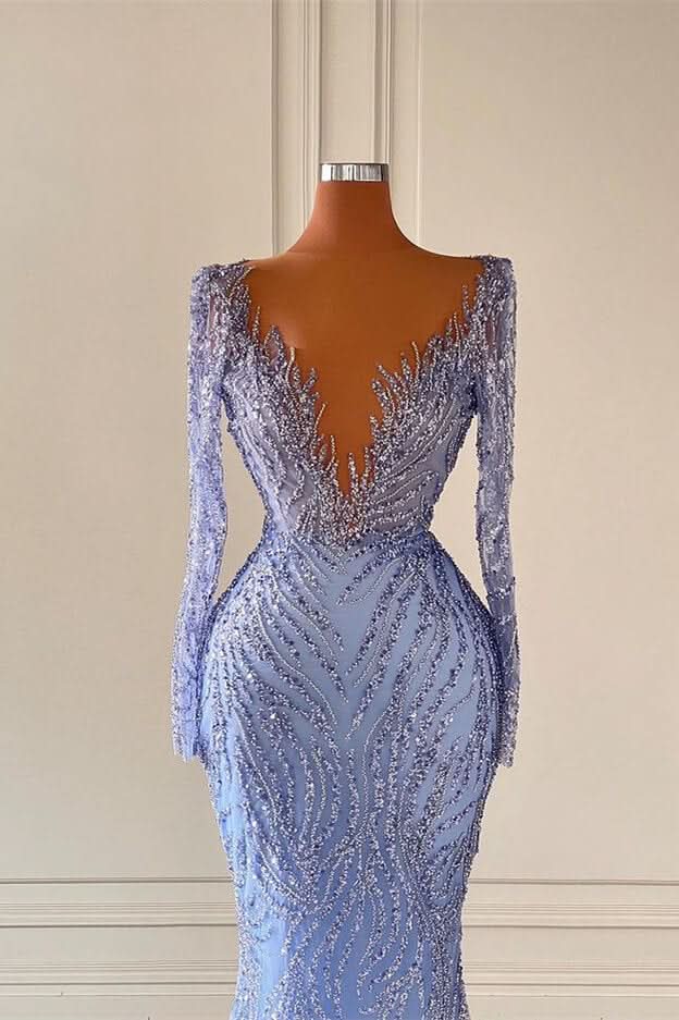 BMbride Deluxe Floor Length V-Neck Long Sleeves Mermaid Satin Prom Dress with Beads BMbride