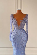 BMbride Deluxe Floor Length V-Neck Long Sleeves Mermaid Satin Prom Dress with Beads BMbride