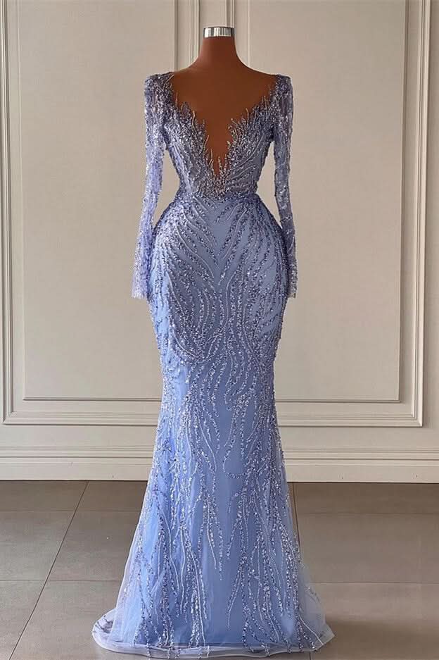 BMbride Deluxe Floor Length V-Neck Long Sleeves Mermaid Satin Prom Dress with Beads BMbride
