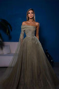 BMbride Designer A-line Off-the-shoulder Long Sleeves Sequined Prom Dress BMbride