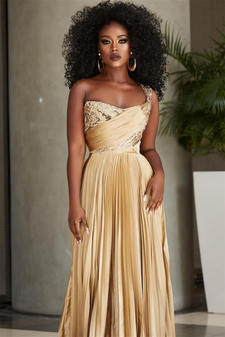 BMbride Designer A-line One Shoulder Sequined Prom Dress With Slit BMbride