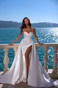 Designer A-line Satin Sleeveless Split Wedding Dress With an Elegant Train BM bride