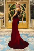BMbride Designer Burgundy Off-the-shoulder Velvet Long Prom Dresses Evening Gowns With Slit BMbride