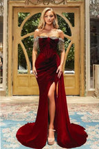 BMbride Designer Burgundy Off-the-shoulder Velvet Long Prom Dresses Evening Gowns With Slit BMbride