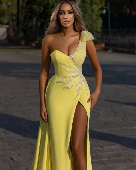 BMbride Designer Elegant Long Yellow Split Prom Dresses with Glitter BMbride
