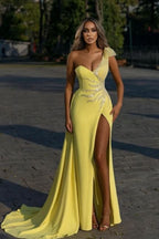 BMbride Designer Elegant Long Yellow Split Prom Dresses with Glitter BMbride