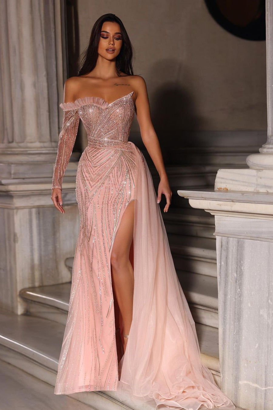 BMbride Designer Long A-line Off-the-shoulder Lace Long Sleeve Tulle Prom Dress With Slit BMbride