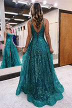 BMbride Designer Long A-line Spaghetti Straps Lace Sleeveless Prom Dress With Slit BMbride