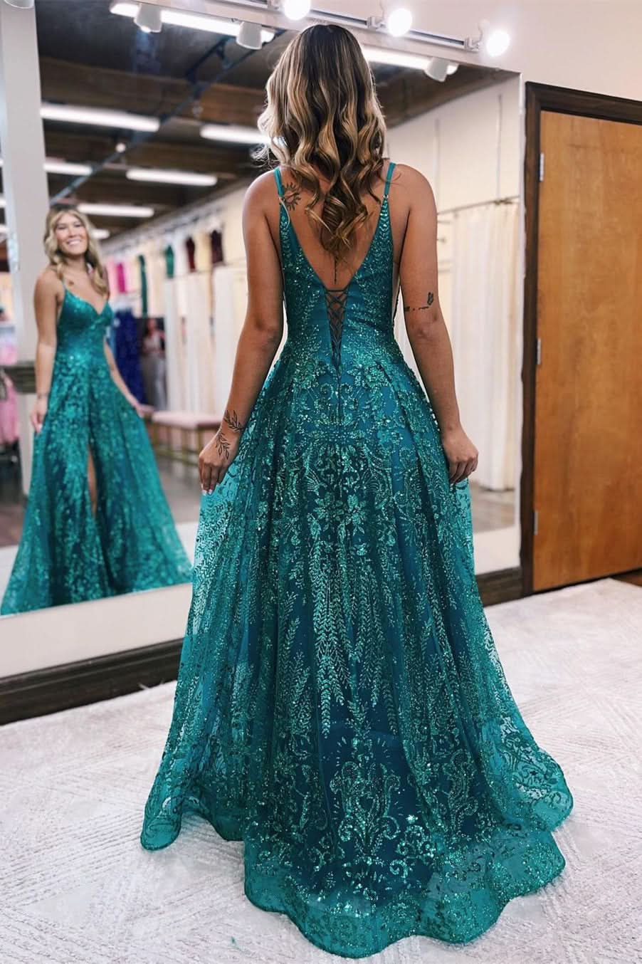 BMbride Designer Long A-line Spaghetti Straps Lace Sleeveless Prom Dress With Slit BMbride