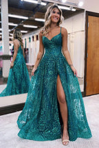 BMbride Designer Long A-line Spaghetti Straps Lace Sleeveless Prom Dress With Slit BMbride