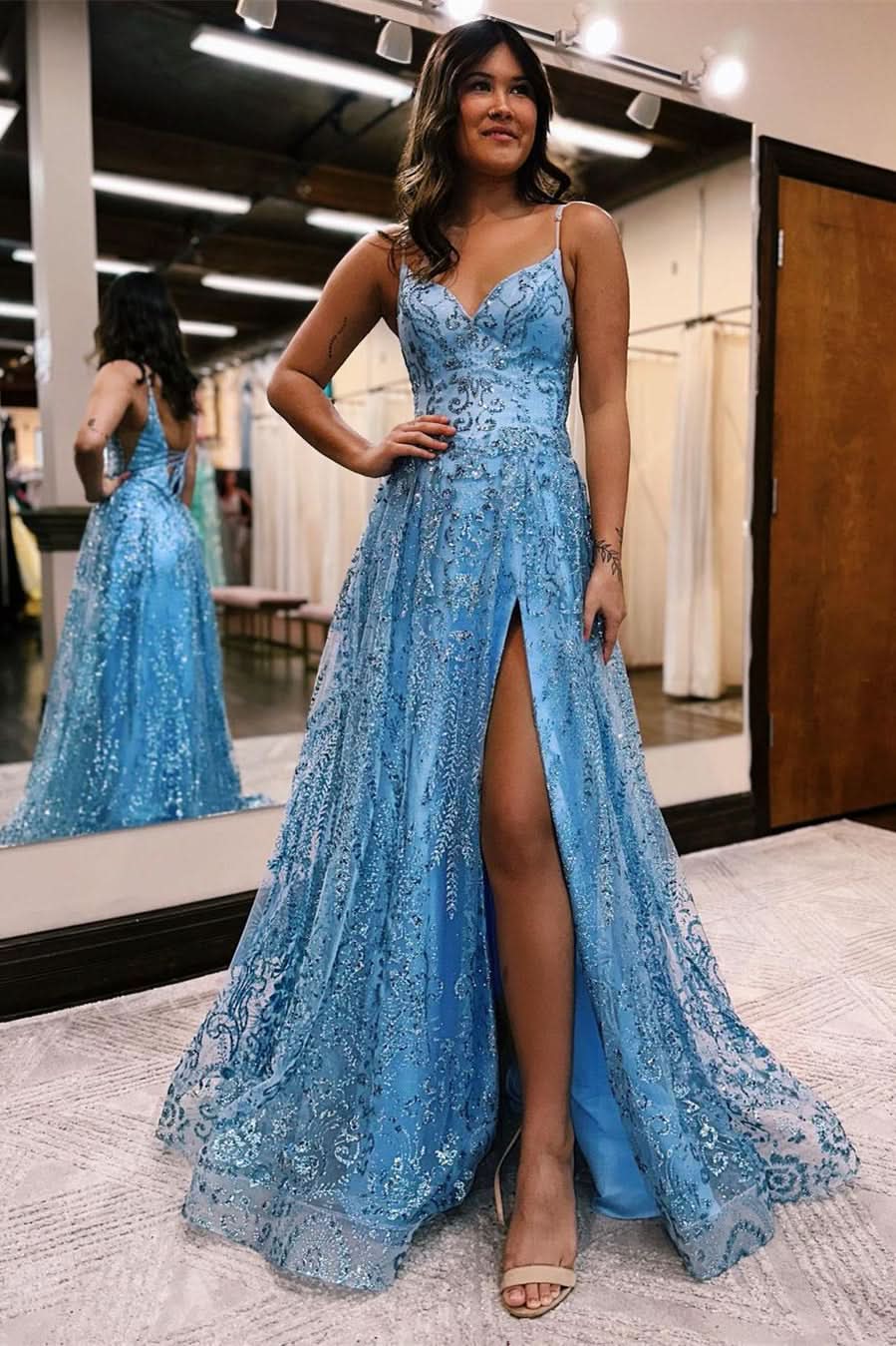 BMbride Designer Long A-line Spaghetti Straps Lace Sleeveless Prom Dress With Slit BMbride