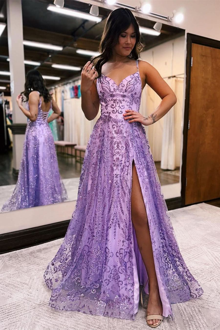 BMbride Designer Long A-line Spaghetti Straps Lace Sleeveless Prom Dress With Slit BMbride
