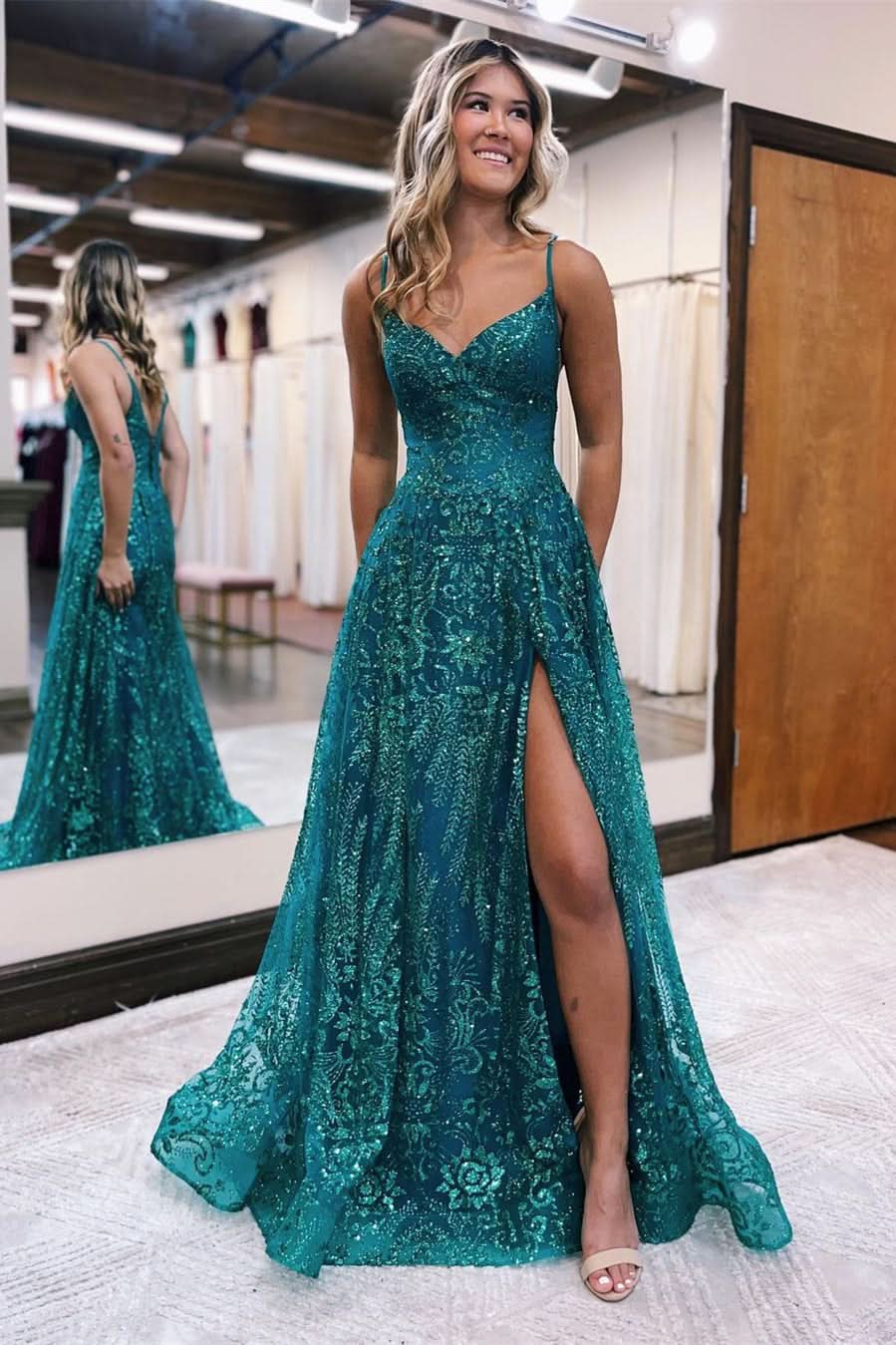 BMbride Designer Long A-line Spaghetti Straps Lace Sleeveless Prom Dress With Slit BMbride