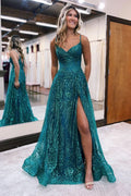 BMbride Designer Long A-line Spaghetti Straps Lace Sleeveless Prom Dress With Slit BMbride
