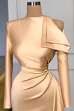 BMbride Designer Long Champagne Mermaid Satin Prom Dress With Long Sleeves BMbride