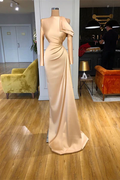 BMbride Designer Long Champagne Mermaid Satin Prom Dress With Long Sleeves BMbride