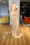 BMbride Designer Long Champagne Mermaid Satin Prom Dress With Long Sleeves BMbride