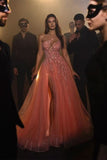 BMbride Designer Long Coral A-line One Shoulder Beading Sleeveless Evening Dresses With Slit BMbride