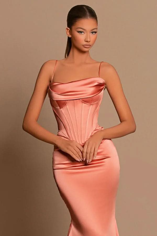 BMbride Designer Long Coral Spaghetti Straps Mermaid Sleeveless Prom Dress BMbride