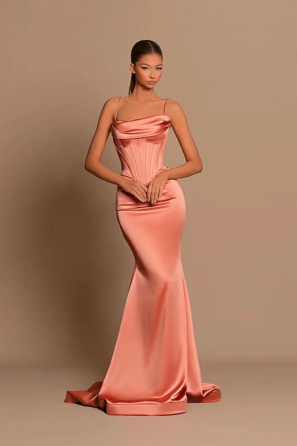 BMbride Designer Long Coral Spaghetti Straps Mermaid Sleeveless Prom Dress BMbride