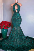 Designer Long Dark Green Halter Sleeveless Lace Prom Dress for a Stylish Entrance BM bride