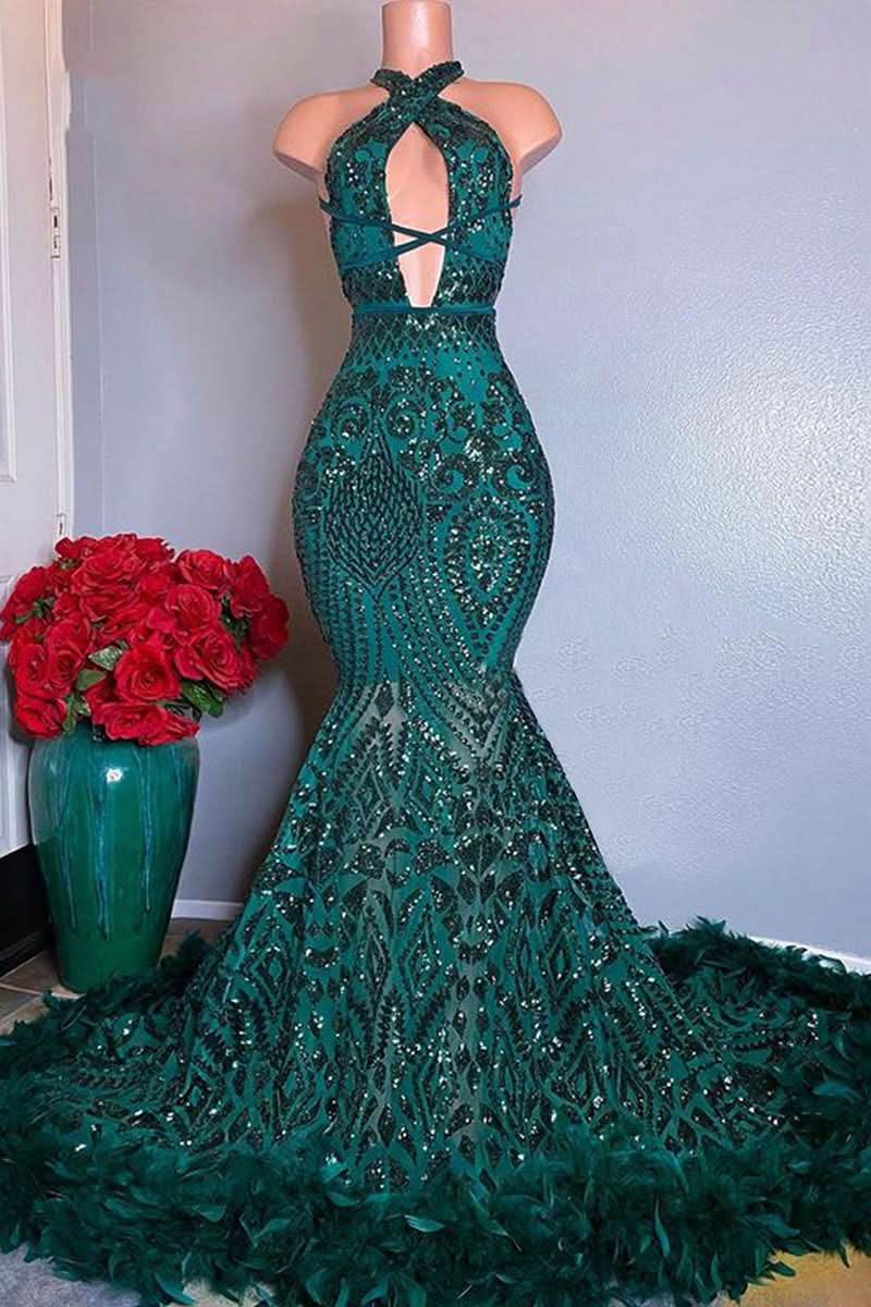 Designer Long Dark Green Halter Sleeveless Lace Prom Dress for a Stylish Entrance BM bride