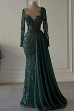 BMbride Designer Long Dark Green V-neck Lace Mermaid Prom Dresses with Long Sleeves BMbride