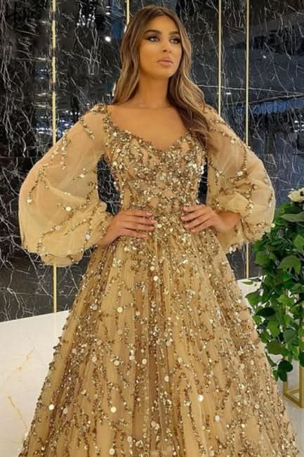 BMbride Designer Long Gold A-line Lace Sequined Long Sleeves Evening Dresses With Glitter BMbride