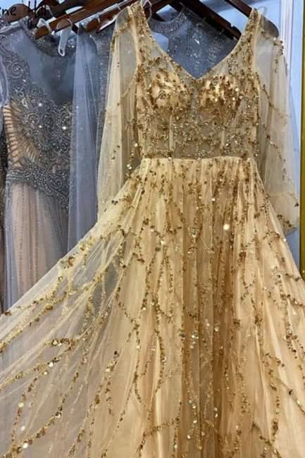 BMbride Designer Long Gold A-line Lace Sequined Long Sleeves Evening Dresses With Glitter BMbride