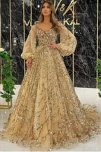 BMbride Designer Long Gold A-line Lace Sequined Long Sleeves Evening Dresses With Glitter BMbride
