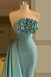 BMbride Designer Long Green Mermaid Sleeveless Beading Prom Dress With Ruffles BMbride
