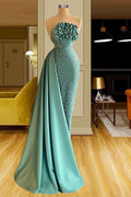 BMbride Designer Long Green Mermaid Sleeveless Beading Prom Dress With Ruffles BMbride