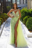 BMbride Designer Long Mermaid One Shoulder Sequined Lace Sleeveless Prom Dress With Slit BMbride