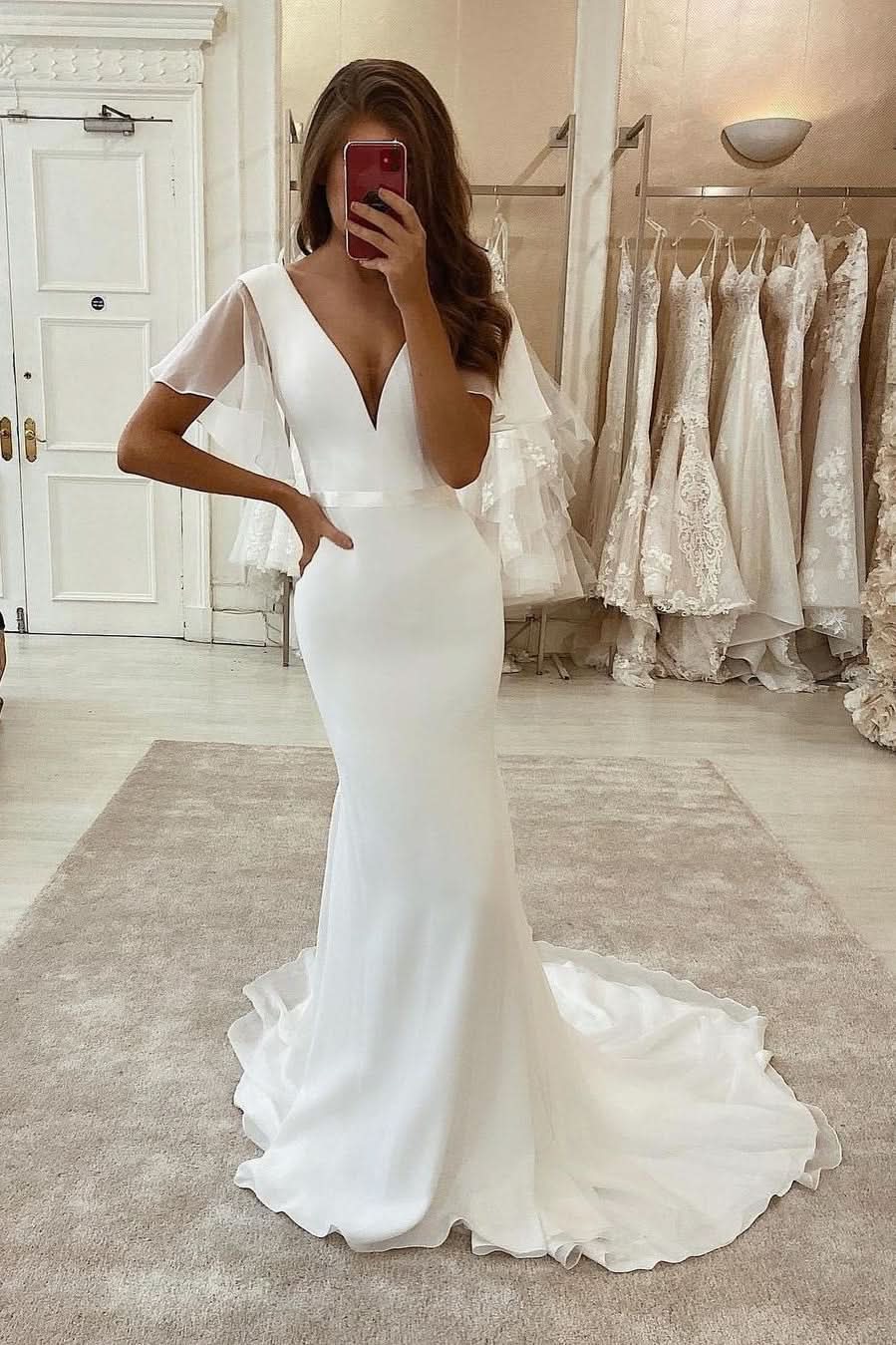 Designer Long Mermaid White Satin Tulle Short Sleeves Wedding Dress with a Magnificent Train BM bride