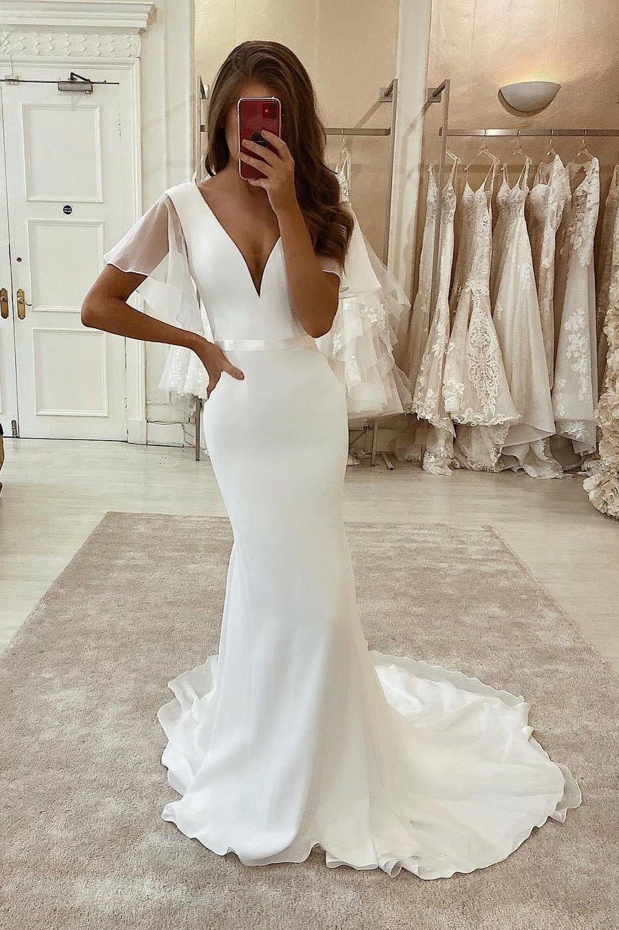 BMbride Designer Long Mermaid White Satin Tulle Short Sleeves Wedding Dress With Train BMbride