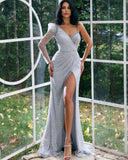BMbride Designer Long One Shoulder Glitter Prom Dresses With Sleeves BMbride