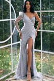 BMbride Designer Long One Shoulder Glitter Prom Dresses With Sleeves BMbride