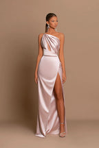 BMbride Designer Long Pink One Shoulder Mermaid Sleeveless Prom Dress With Slit BMbride