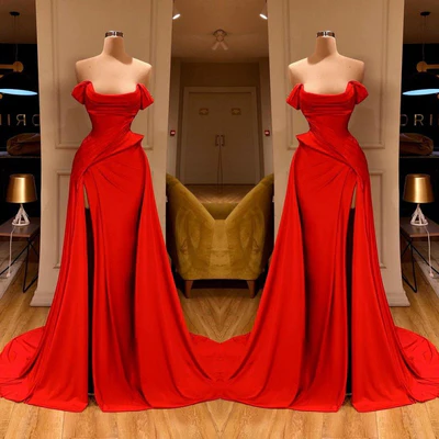 BMbride Designer Long Red A-line Sleeveless Satin Sexy Prom Dress With Slit BMbride