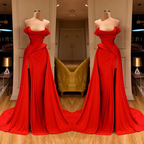 BMbride Designer Long Red A-line Sleeveless Satin Sexy Prom Dress With Slit BMbride