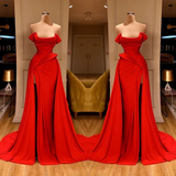 BMbride Designer Long Red A-line Sleeveless Satin Sexy Prom Dress With Slit BMbride