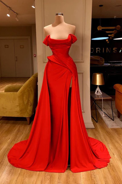BMbride Designer Long Red A-line Sleeveless Satin Sexy Prom Dress With Slit BMbride